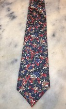 Lands End 100% Silk Floral Navy Blue Red Green Light Brown Tie Made in USA