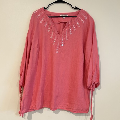 JM Collection 100% Leinen Tunika rosa Gr. 24 W bestickt verziert Pailletten
