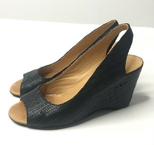 Maison Margiela MM6 Black Textured Leather Open Toe Slingback Wedges 37 Poland - Picture 2 of 11