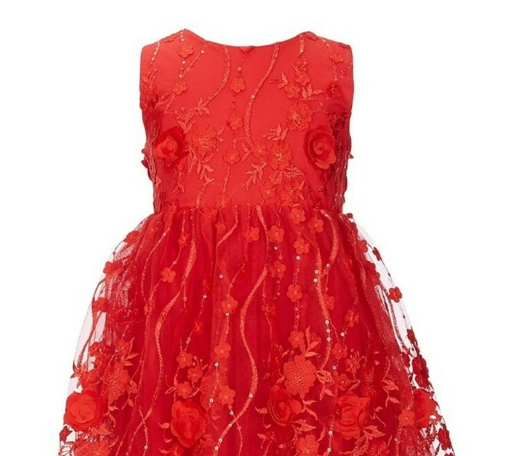 Vestido de fantasía Popatu para niña grande floral en cascada calce y acampanado-talla-8-rojo Foto 2 de 3