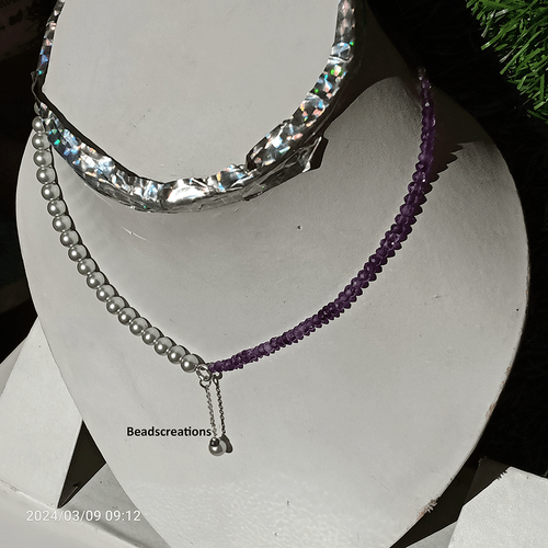 AAA Silver Pearl and Amethyst Beads Beaded Jewelry Silver Chain Necklace - Picture 3 of 4