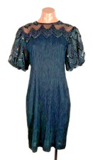 VTG 80s Black Sequin Pleated Dress Prom Puffy Sleeve Party Prom Cocktail ILGWU 8