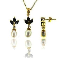 Sapphire Pearl Diamond Matching Necklace Earring Set 14k Yellow Gold over 925 SS