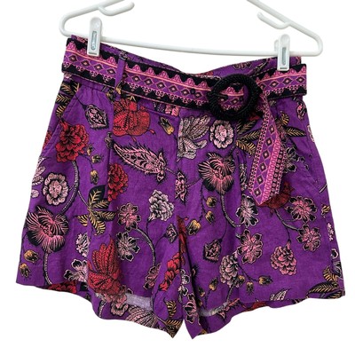 Nicole Miller NWOT 6 100% Flax Linen Purple Floral High Rise Belted Shorts Boho