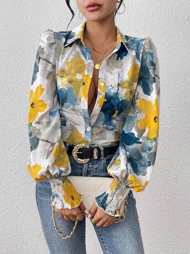 Women Autumn Floral Loose Shirts Long Puffs Sleeve Button Up Blouse Top TEE Size - Picture 5 of 21