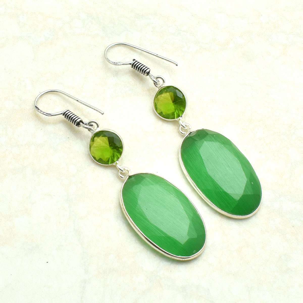 Cat Eye Peridot Handmade Drop Dangle Earrings Jewelry 2.16