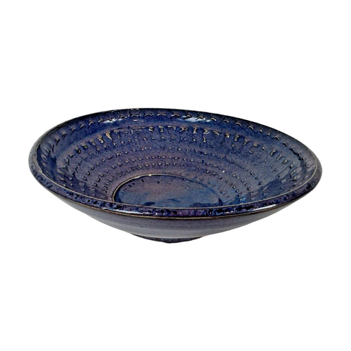 UNIQUE Hand Thrown Pottery Clay Bowl Rib Pinch Texture Indigo Signed M 6.75x2.5" - Picture 8 of 12