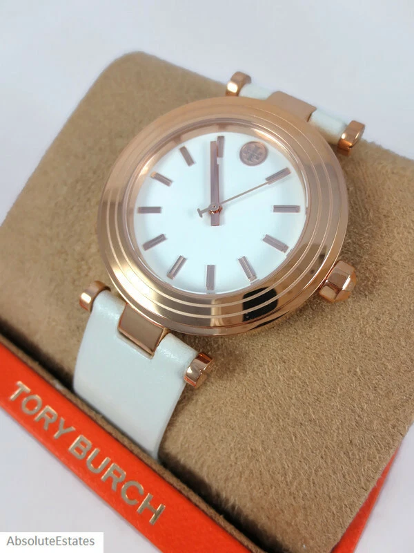 NEW Tory Burch Classic T Ivory White Rose Gold Leather Watch