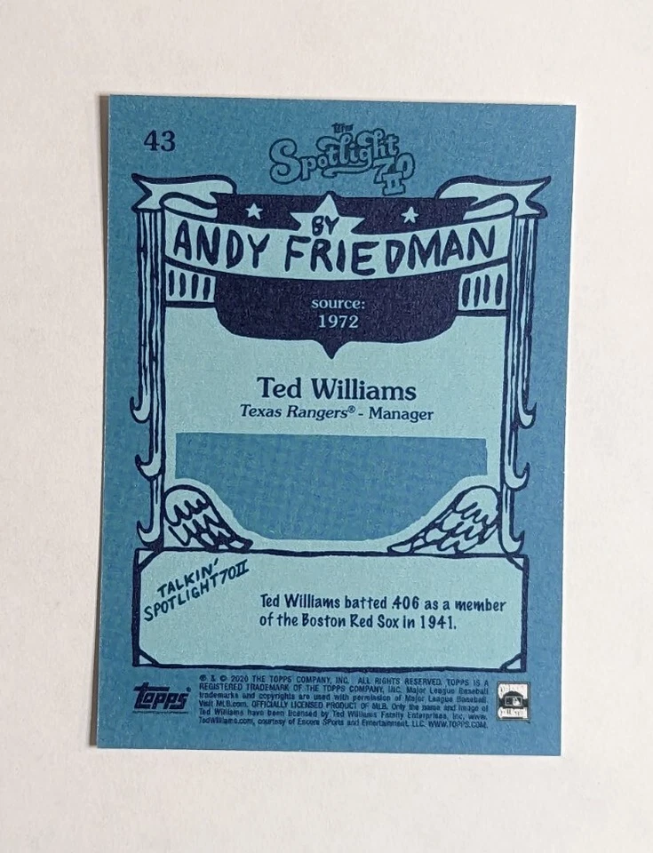 2022 Topps Spotlight 70 Series 2 By Andy Friedman #43 Ted Williams MLB Red Sox - Image 2 of 4