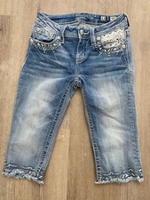 Miss Me Jeans Girls 12 Capri Embellished Embroidered Rhinestones Light Wash