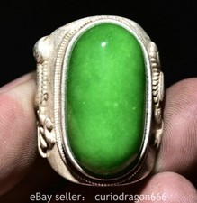 1.4" Alte chinesische Silber Inlay Grün Edelstein Phoenix Vogel Schmuck Ring