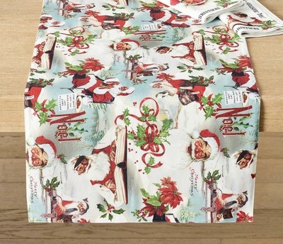 POTTERY BARN Norman Rockwell Santa Christmas Table Runner 18  X 108'' SOLD OUT