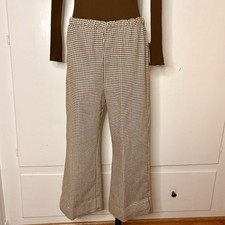 Vintage 70s Tan Houndstooth High Waist Wide Leg Bell Bottom Knit Polyester Pants