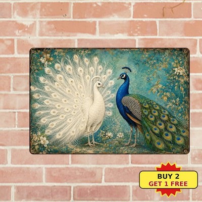 Aesthetic Peacock Pair Emerald Blue Birds Wildlife Botanical Metal Sign 8x12