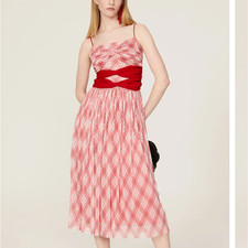 Adam Lippes Red Plaid Maxi Dress SIZE 4 Rockabilly Bow Mesh Slip Designer $375