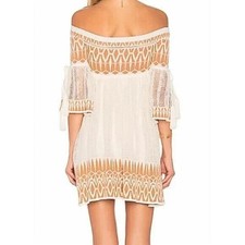Ronny Kobo Adina Dress Ivory Brown Boho Crochet Bell Sleeve Size Small Festival