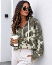 Calvin Klein Jeans Cropped Tie Dye Half Zip Hoodie Olive Green Women's Medium