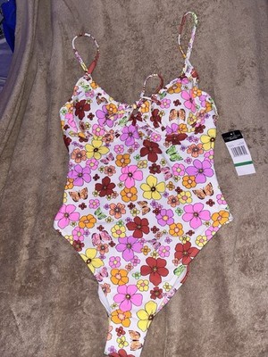 NWT California Waves White Floral Print Underwire Padded One Piece, Large