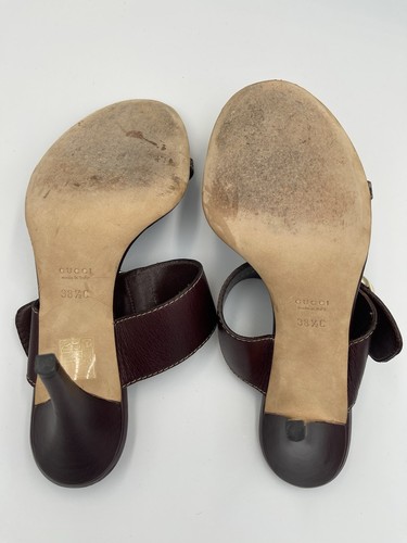 GUCCI Juanita Oxblood Burgundy Leather Sandals Gold Buckle Heels IT 38,5 US 8,5 - Bild 13 von 17