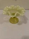 Vtg Fenton Yellow Topaz Uranium Vaseline Hobnail Opalescent Glass Compote Dish