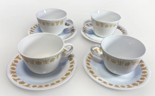 Set Of 4 Vintage Corning Ware Corelle Butterfly Gold Coffee Tea Cups & Saucers