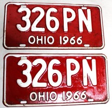 STATE OF OHIO LICENSE PLATES 1966 MATCHING SET 326-PN RED & WHITE VINTAGE