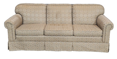 Baker Furniture Rolled Arm Sofa Three Cushions Skirted Base Blue and Gold Fabric