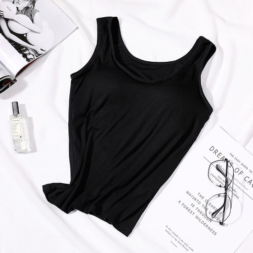 UK Womens Padded Built in Bra Self Tank Tops Camisole Vest Sleeveless T Shirt - Picture 25 of 33