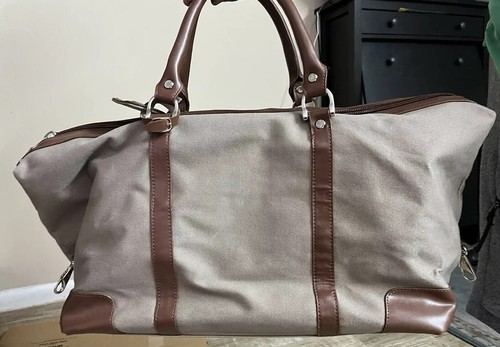 Cutter & Buck Canvas Duffle Bag Khaki w/ Leather Trim Weekender Carry-On Luggage - Picture 2 of 7