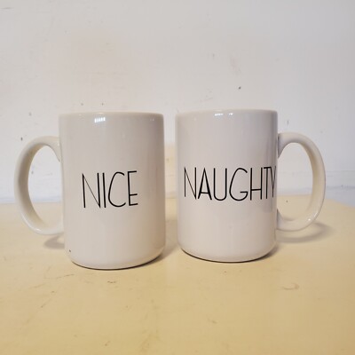 ''Naughty & Nice'' Set Of 2 Coffee Mugs White With Black Font