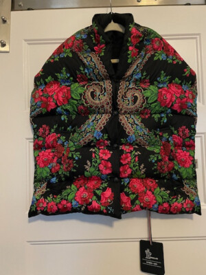 BNWT $ 1295 Authentic Moncler Black/Flowers Quilted Down Pocket Scarf 12''x61''