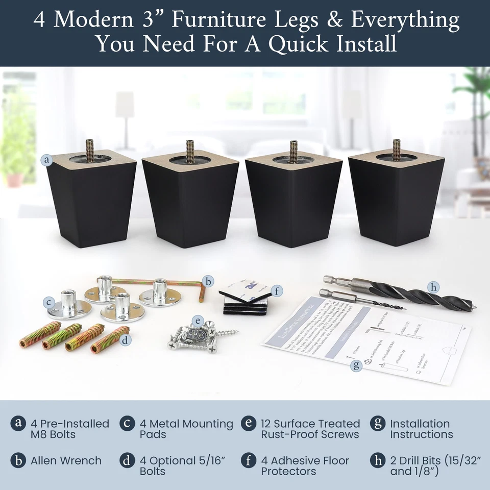 Juego de patas cuadradas negras para muebles de 6, 3 4 5 6 8 10 12 pulgadas de repuesto para pies de madera Foto 4 de 4