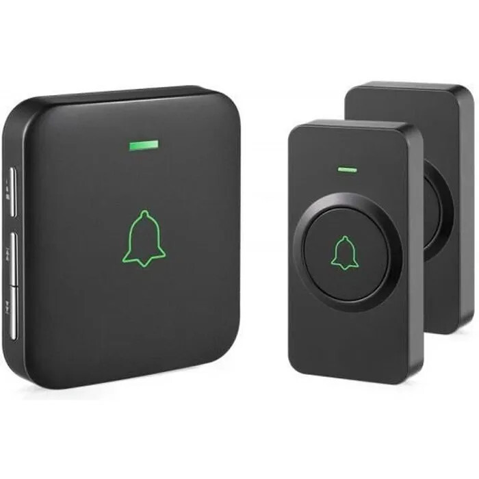 Sonnette Sans Fil D-3B 400m IP55 étanche - 52 Mélodies - Noir (émetteur + 2 Récepteurs)