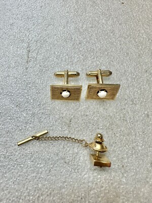 VTG Anson Etched Golden W Genuine Opal Cabochons Cufflinks