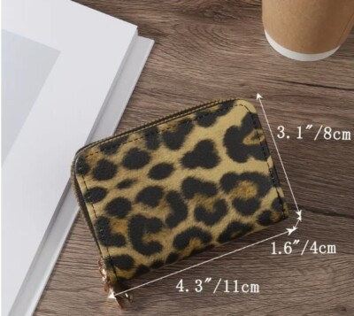 NEW WOMENS SMALL DOUBLE ZIP CREIDT CARD COIN WALLET LEOPARD BLACK