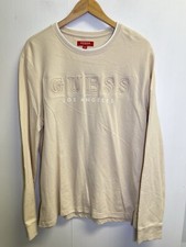 GUESS Los Angeles Size L Beige Pullover Sweater Embossed Big Logo Long Sleeve