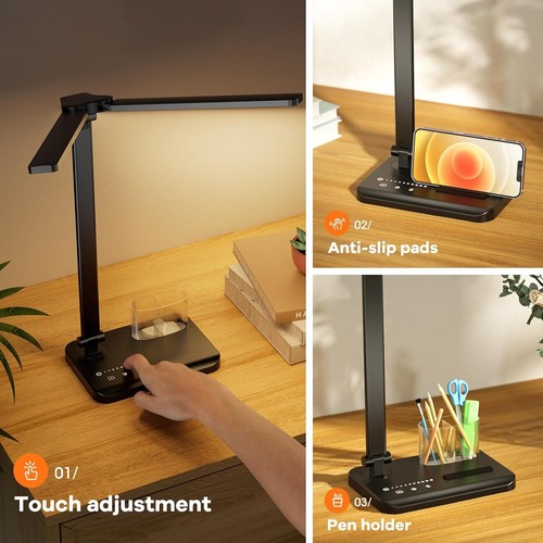 17" LED Desk Lamp with USB Port 10W Double Head Pen Holder Timer & Memory - Picture 5 of 6