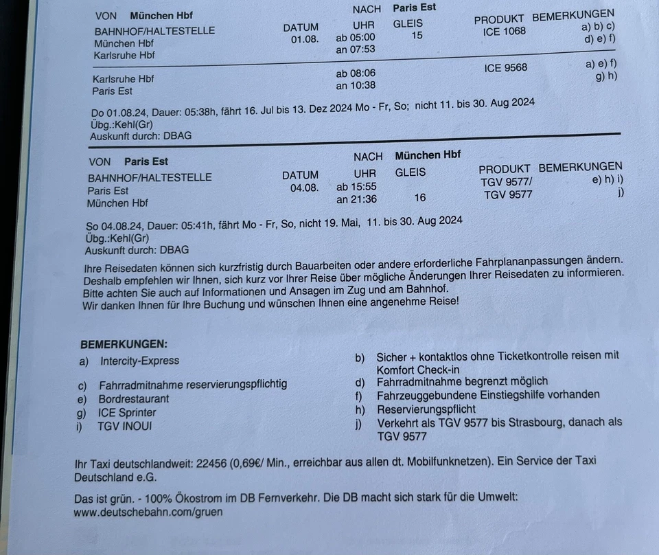 Deutsche Bahn Ticket Munich - Paris 1-8-2024 5.00 until 4-8-2024 15.55