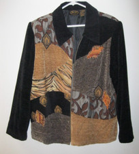 Julia Ku Women's Large Jacket Rayon Velvet Brocade Patchwork Orange Rust Toggle