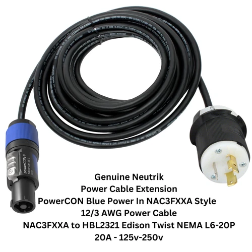 Neutrik Powercon Blue In to Edison NEMA L6-20 Extension Cord 240v 12/3 AWG NAC3F