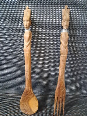 Vintage African King And Queen Wooden Tribal Serving Fork & Spoon