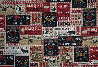 Barbecue Advertisements BBQ Country Red Cream Black Grill Cafe Fabric w5/22