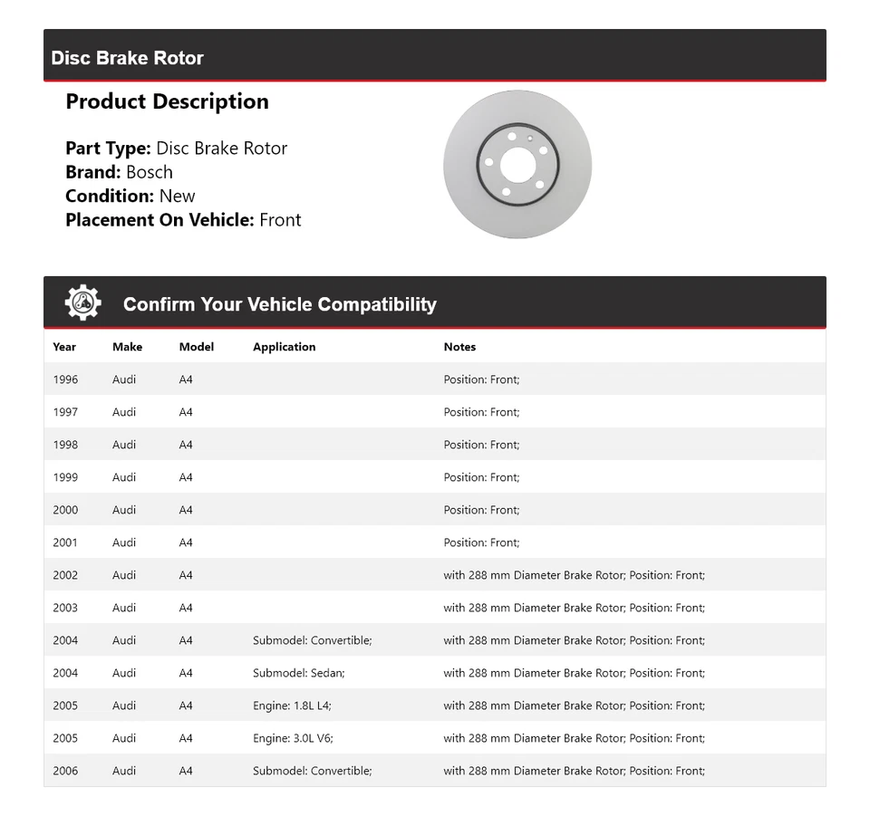 Rotor de freno de disco delantero QuietCast Bosch 1996-2006 Audi A4 1997 1998 1999 2000 Foto 2 de 4