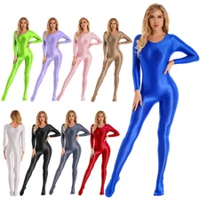 Womens Glossy Bodystocking One Piece Bodysuit Sports Fitness Jumpsuit Nightwear