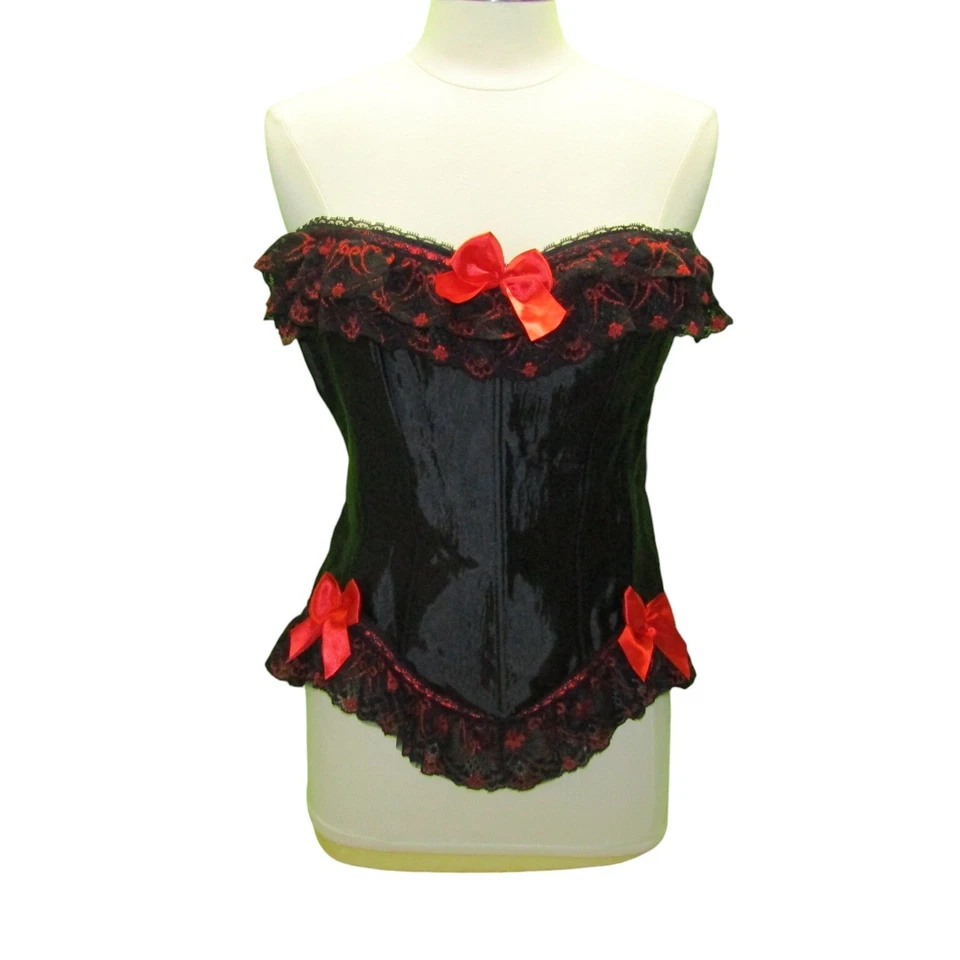 Corsé 2XL Sobrebusto Deshuesado Con Cordones Espalda Mancha Negra Encaje Rojo Lazo Bustier Tirantes Foto 2 de 4