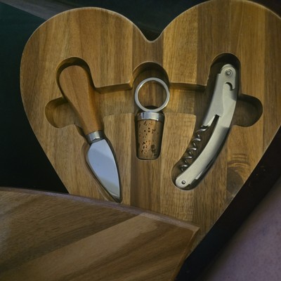 Wooden Heart Shaped Cheese/Wine Cutting Board w/Wood Handle Wine Cheese Utensils