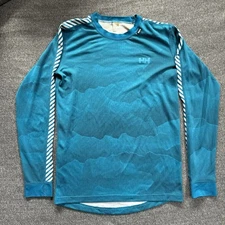 Helly Hanson Lifa Men Small base layer Top Teal Blue stripes down arm Geometric