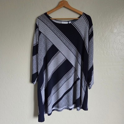 Susan Graver Liquid Knit Geometric Asymmetric Hem Tunic Navy Blue Size Womens 2X