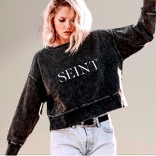 Seint Womens XL Acid Wash Cropped Sweatshirt Charcoal Grey Cotton Logo
