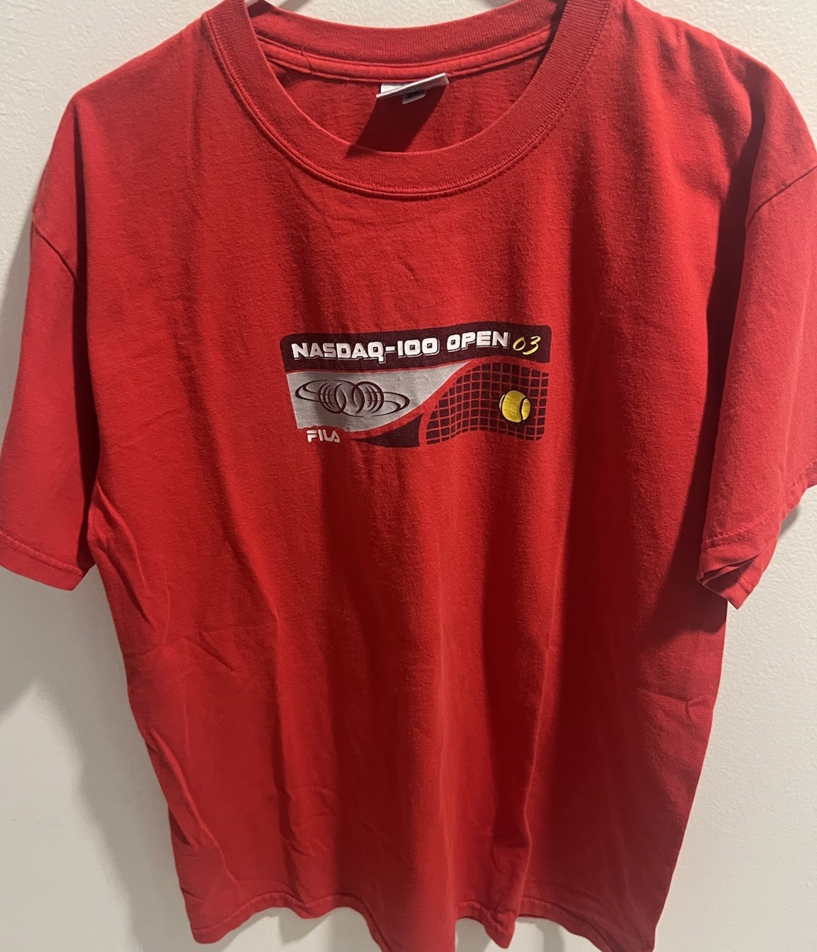 FILA T shirt Nasdaq 100 Open 2003 Tennis Miami Florida Y2K grande rossa made in USA